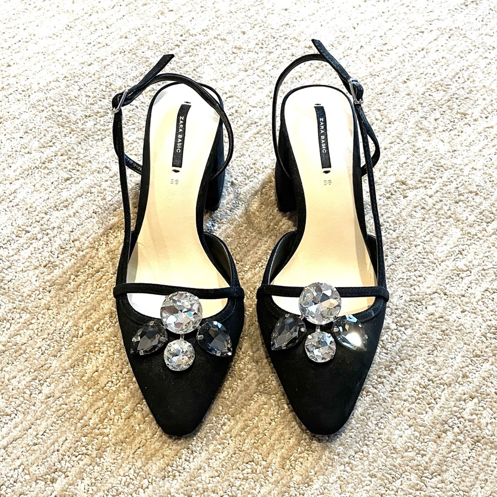 Zara Black Suede Block Heel Sandal With Jewels